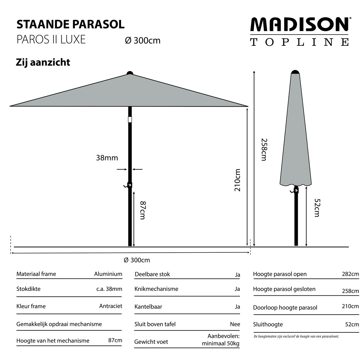 Parasol Paros II luxe 300cm grey grade 6