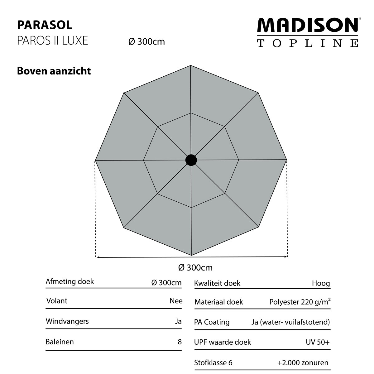 Parasol Paros II luxe 300cm grey grade 6
