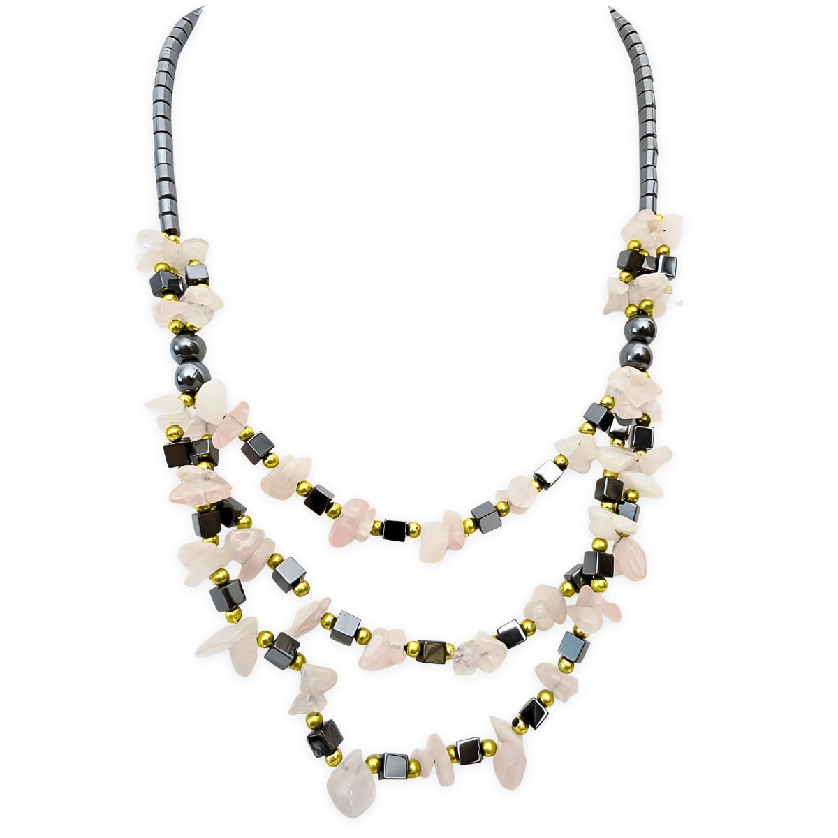 stenen en hematietketting Rozenkwarts 3 lagen