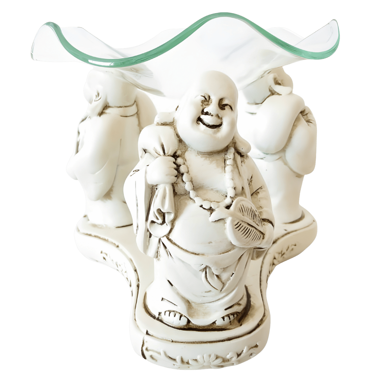3 witte blije Boeddha's oliebrander