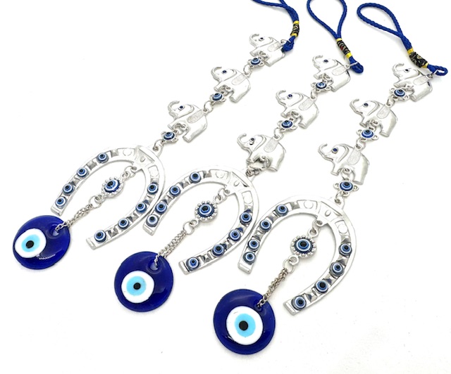 blauwe boze oog hanger met 3 olifanten set 6 stuks
