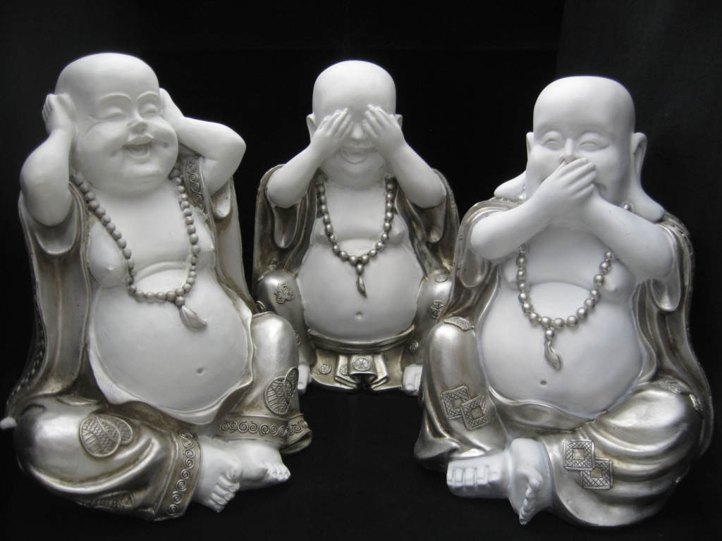 Horen, Zien, Zwijgen lachende Boeddha wit/zilver