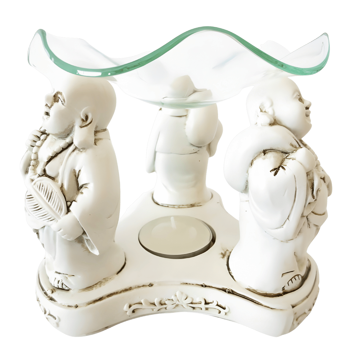 3 witte blije Boeddha's oliebrander