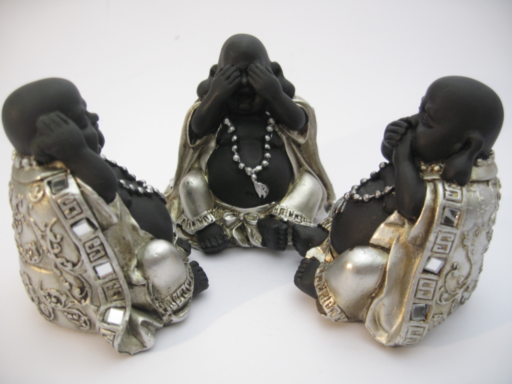 klein Horen, Zien, Zwijgen lachende Boeddha zilver/zwart