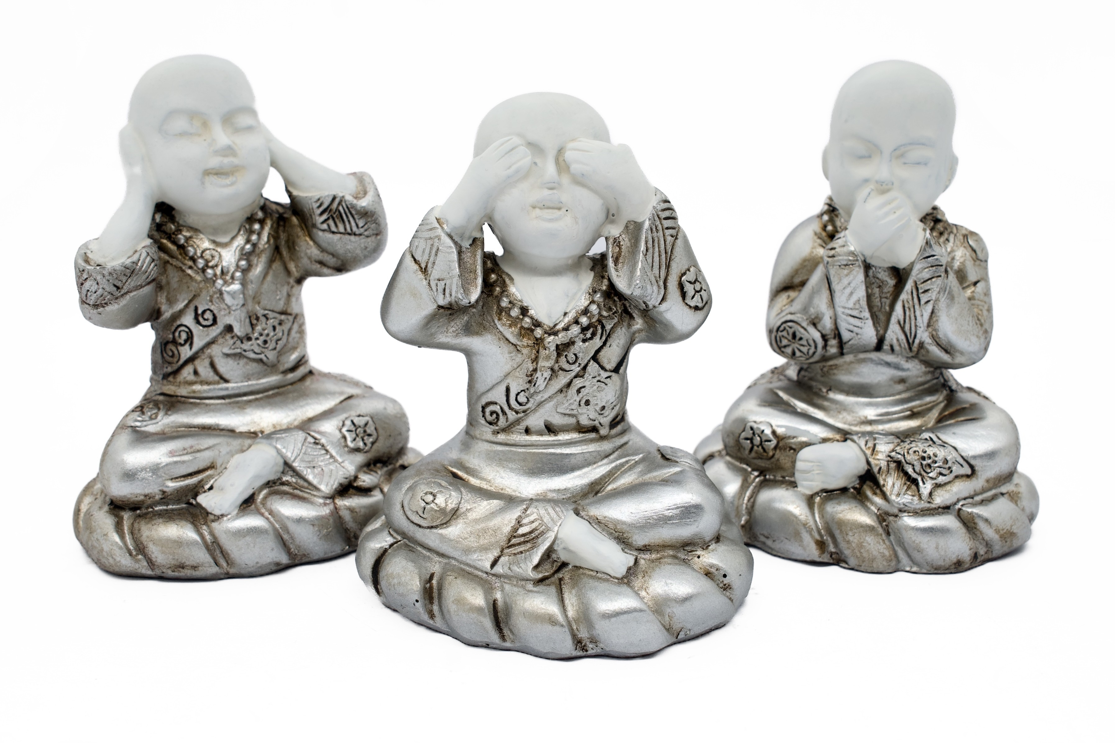 mini Horen, Zien, Zwijgen monnik wit/zilver