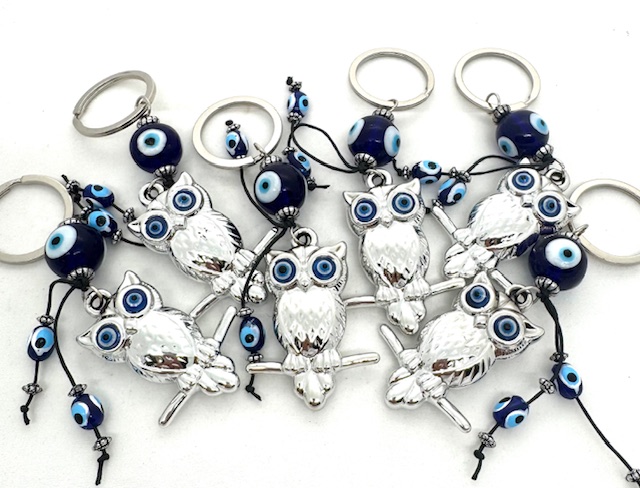 Blauwe boze oog sleutelhanger met uil set van 6