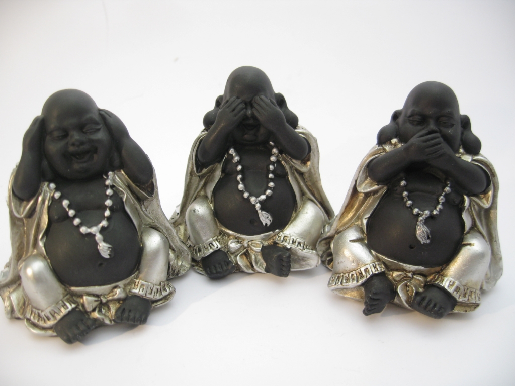 klein Horen, Zien, Zwijgen lachende Boeddha zilver/zwart