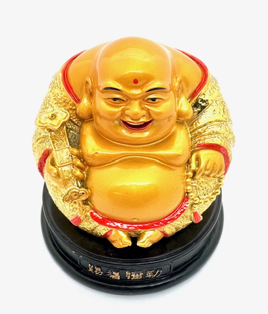 Mi-Lo-fo (Maitreya) Goud zittend op zwart altaar met Ruyi