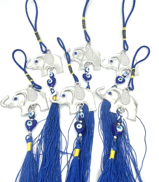 blauwe boze oog hanger met olifant set van 6 stuks